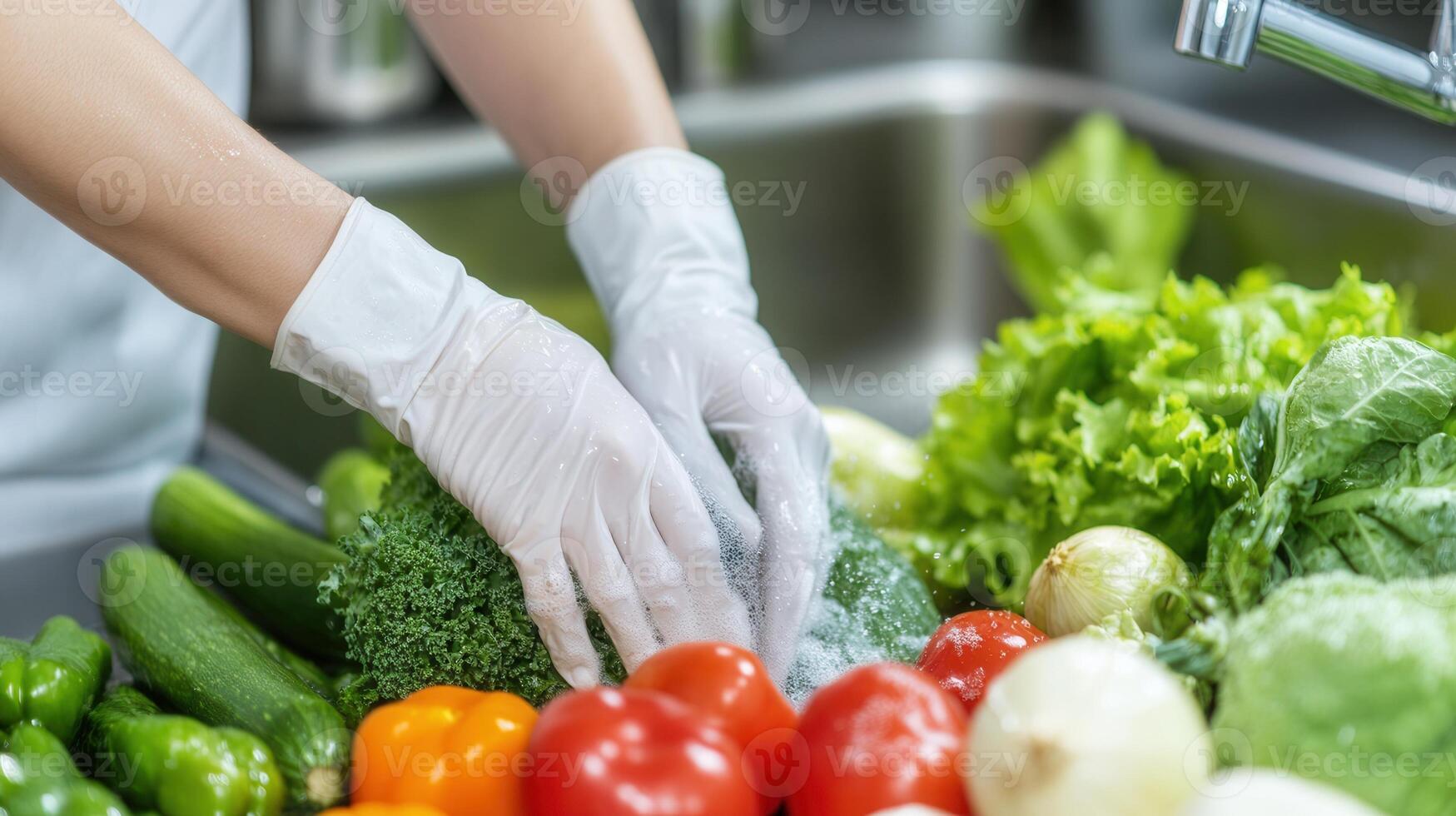 Hands wearing white handling gloves fresh vegetables in a sink. The scene includes tomatoes, cucumbers, lettuce, and bell peppers, emphasizing healthy food preparation. photo