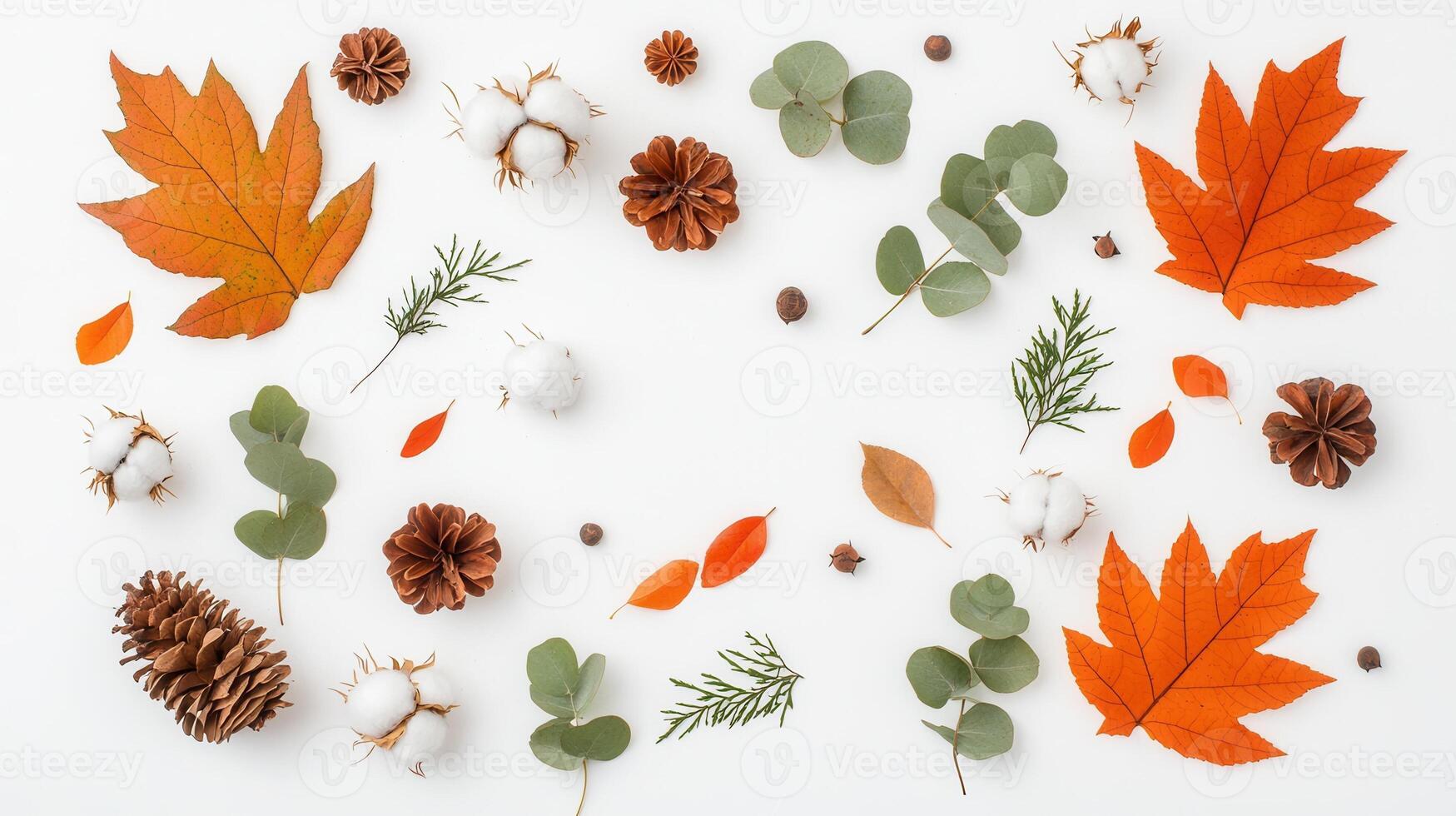 Eucalyptus and cotton flowers background, a beautiful autumnal pattern on a white creating perfect for nature inspired designs photo