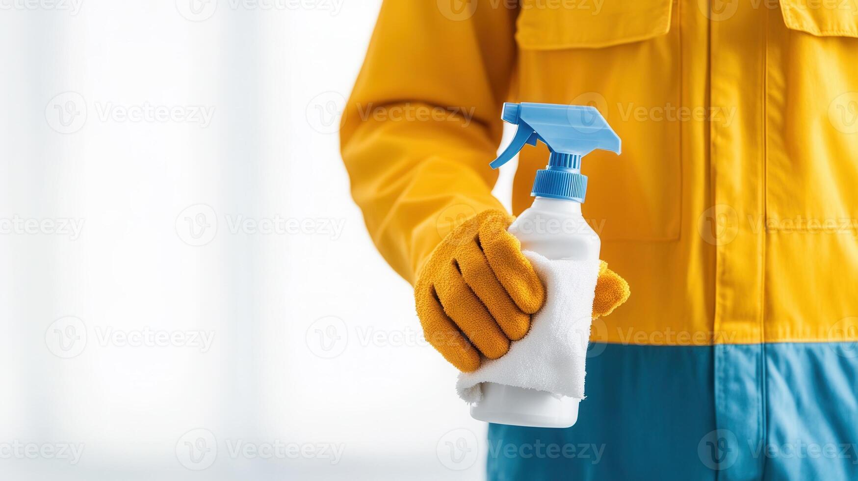 person wearing a yellow jacket and theme. gloves holds a spray bottle and cloth. orange background is bright and minimalistic, suggesting a cleaning or maintenance The photo
