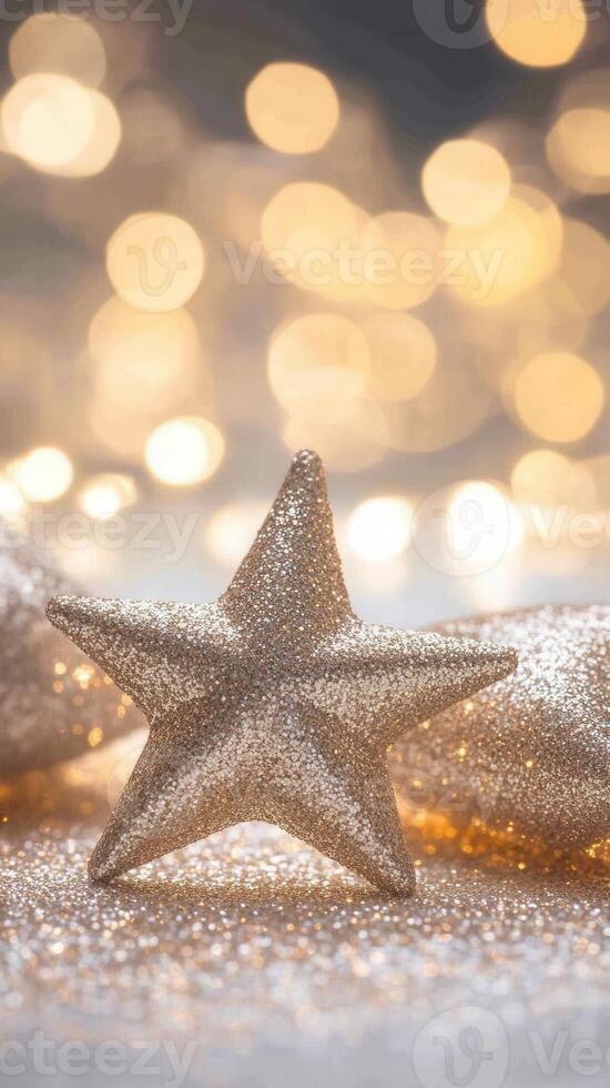 A close-up of a glittery star ornament on a sparkling surface. Soft create lights bokeh a festive atmosphere, ideal for holiday decorations. photo