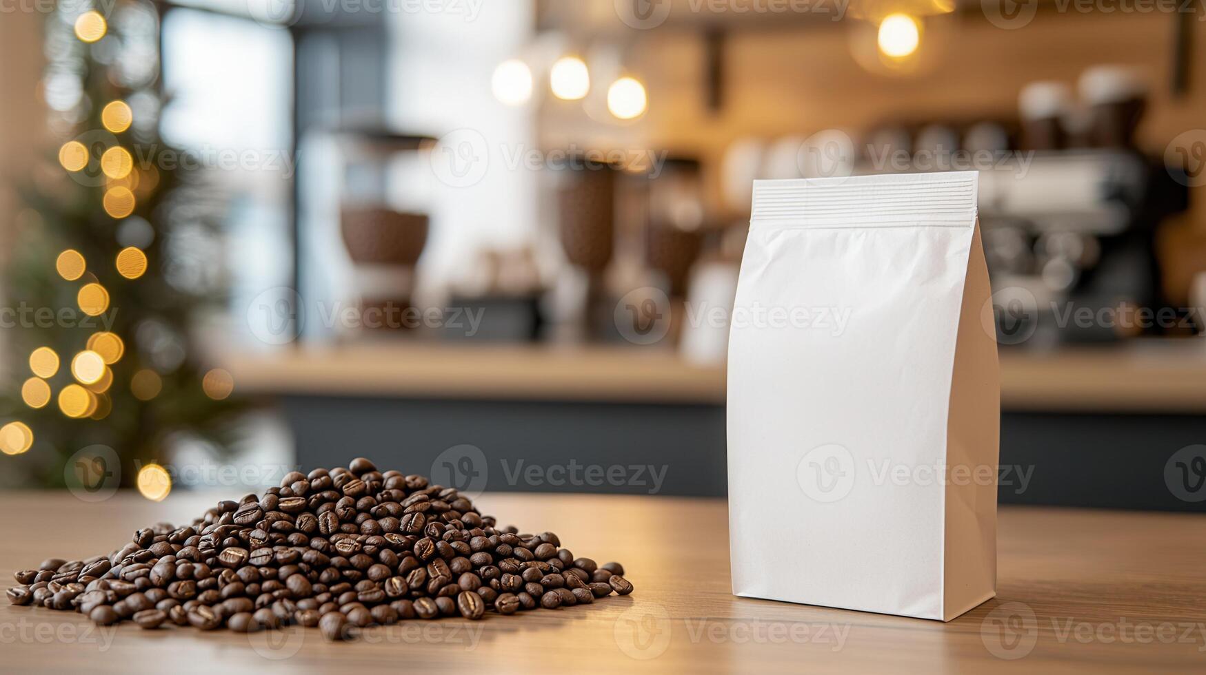 White paper packaging stands beside a pile of coffee beans on a wooden inviting in a warmly lit table creating a cozy and cafe, atmosphere photo