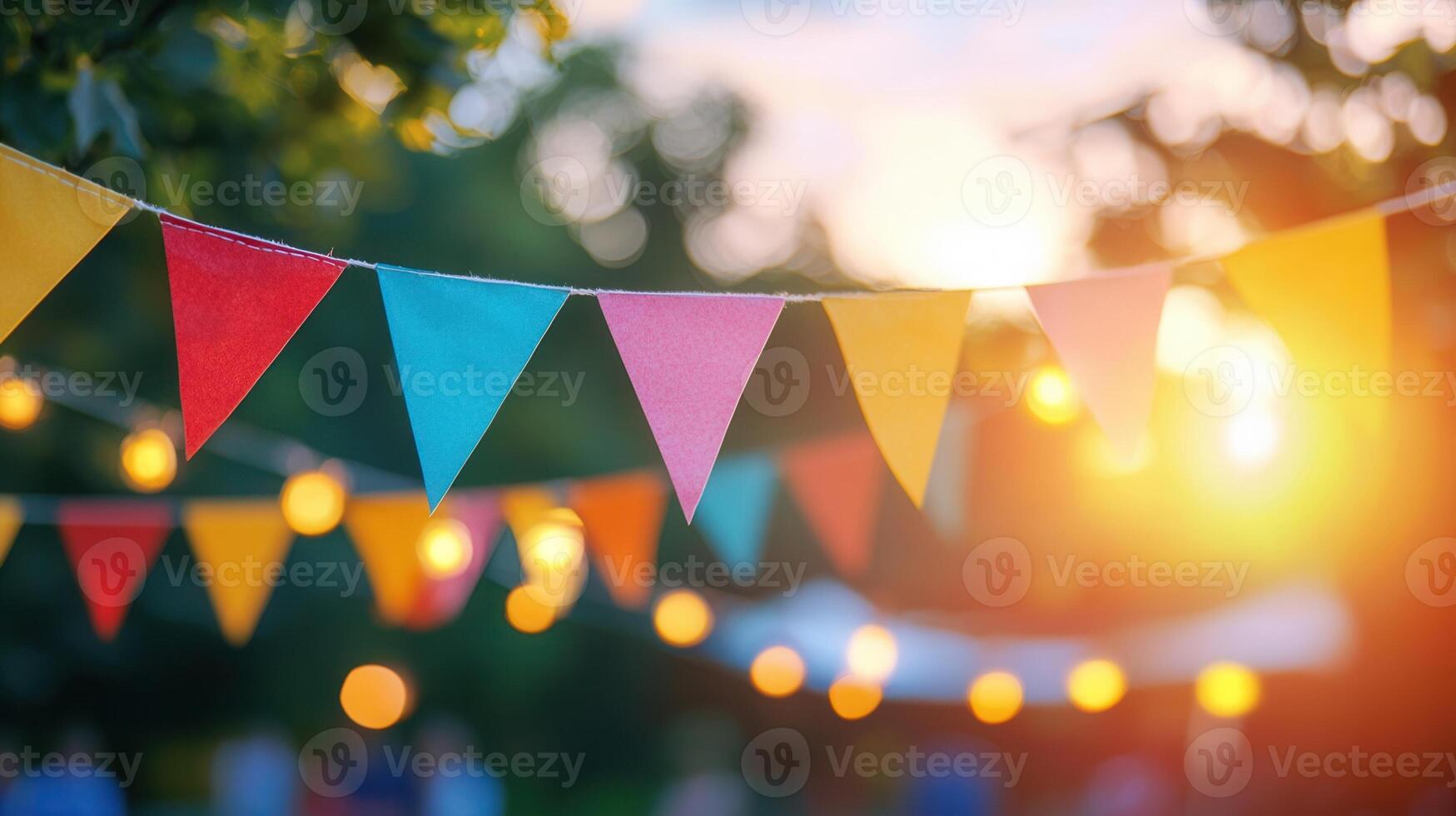 triangle Colorful pennants, string lights illuminating backyard celebration during warm golden sunset evening photo