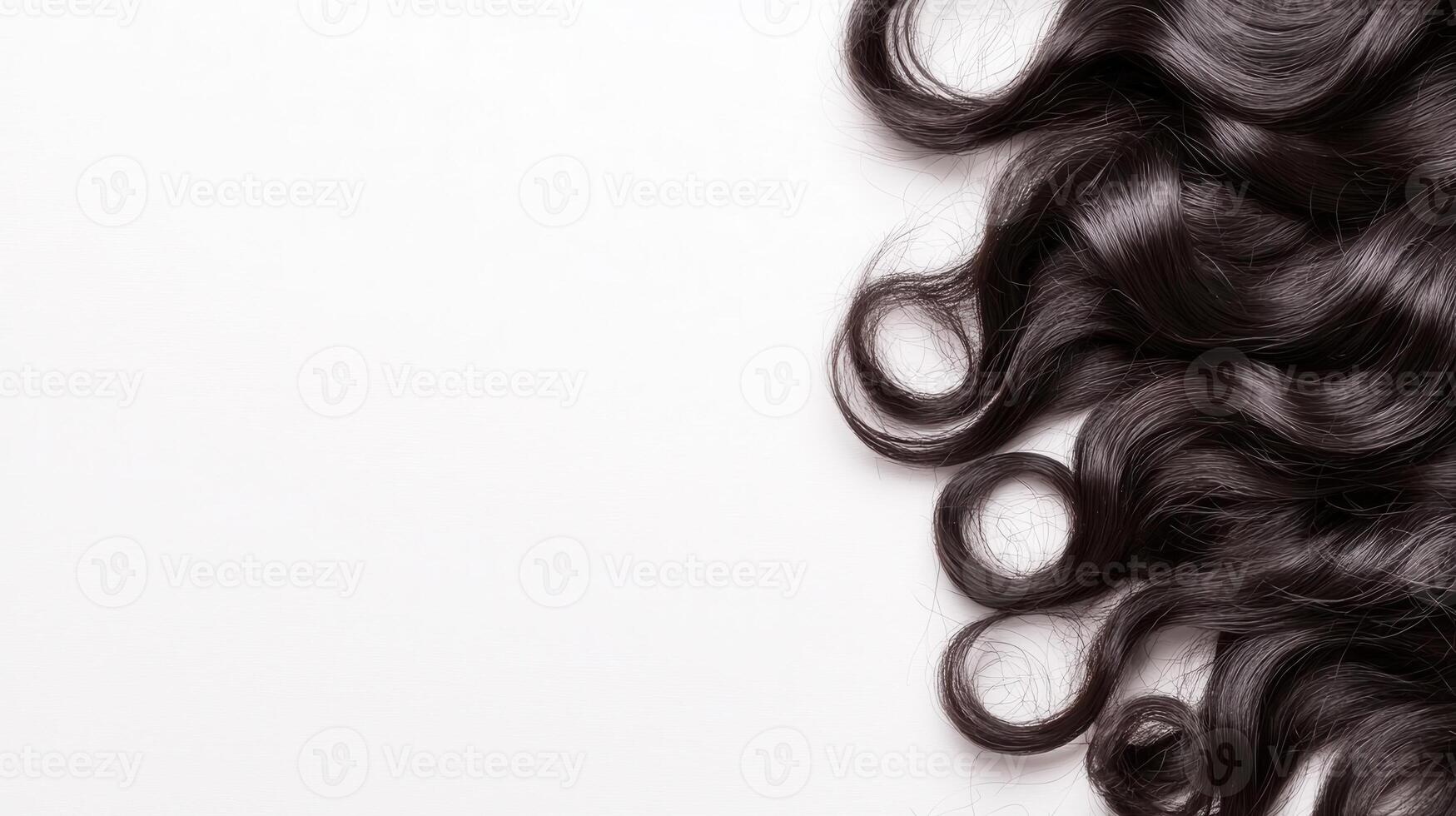 Healthy, luxurious black hair curls texture against a clean white backdrop, showcasing gracefully shine and its photo