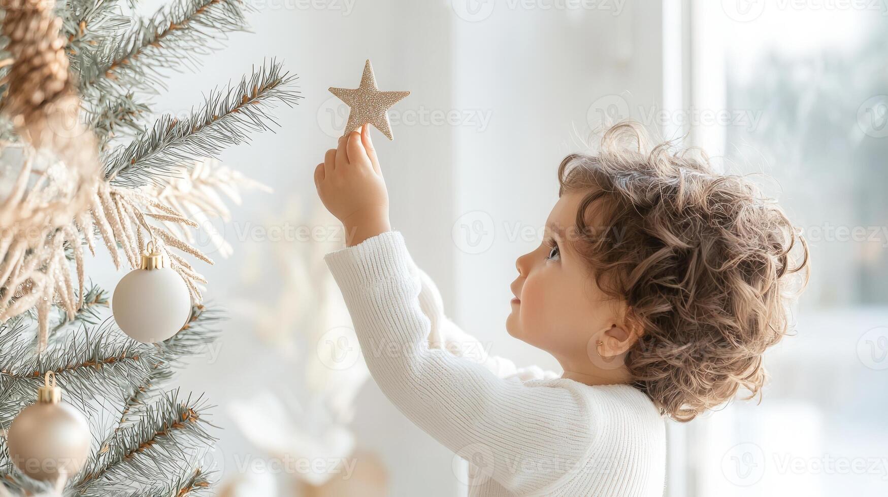 Smiling toddler capturing placing golden carefully on white and gold trimmed christmas tree, star festive childhood magic photo