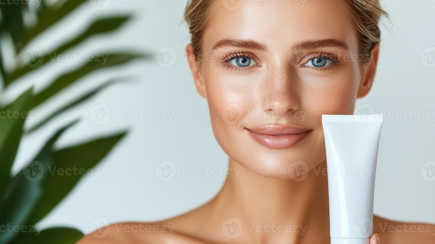 Studio portrait cosmetic beautiful woman presenting skincare product, holding of white tube with confident, radiant smile photo