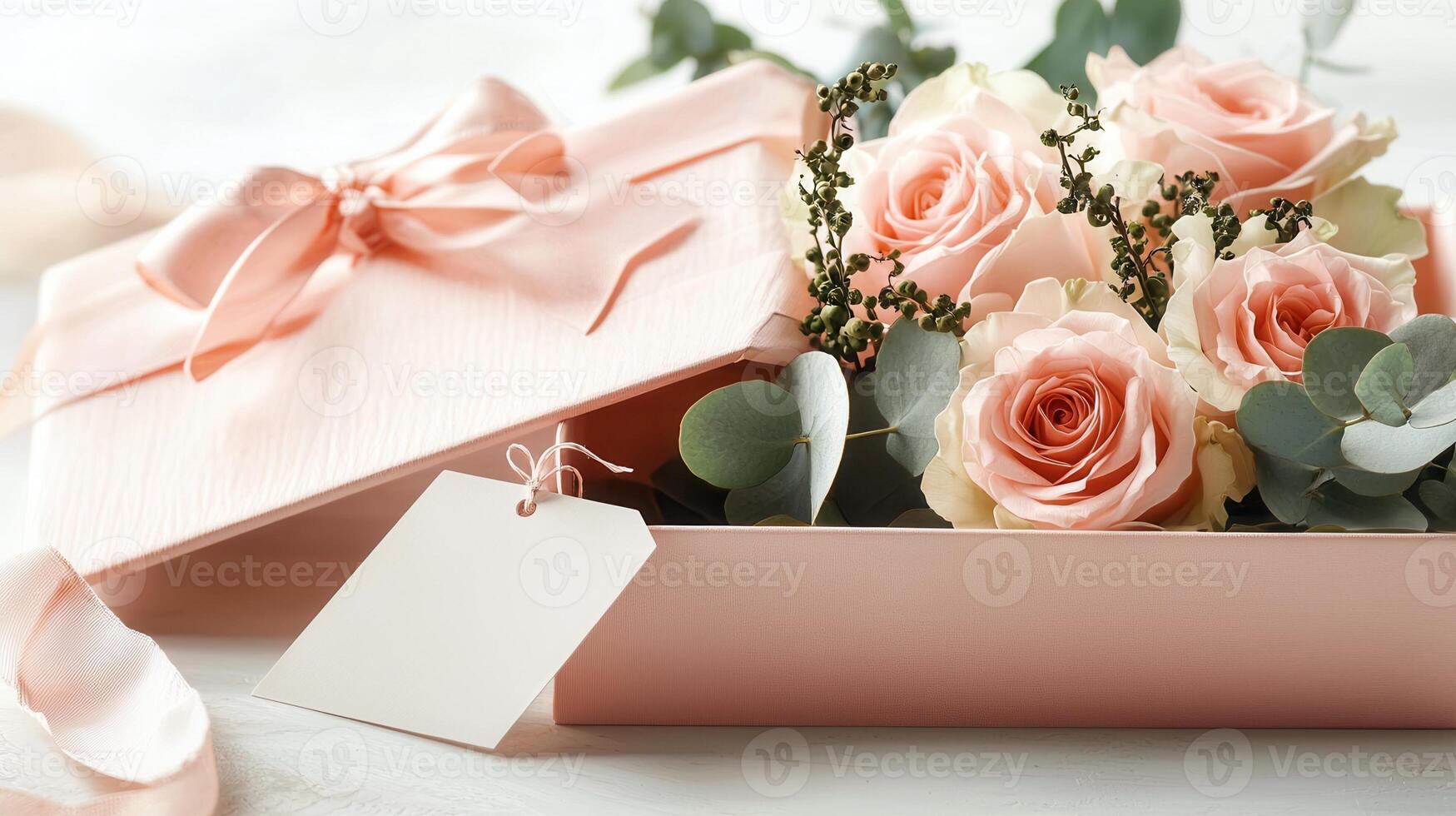Pink and white eucalyptus with roses leaves arranged in a pink gift box with a blank card, creating a beautiful and romantic gift photo