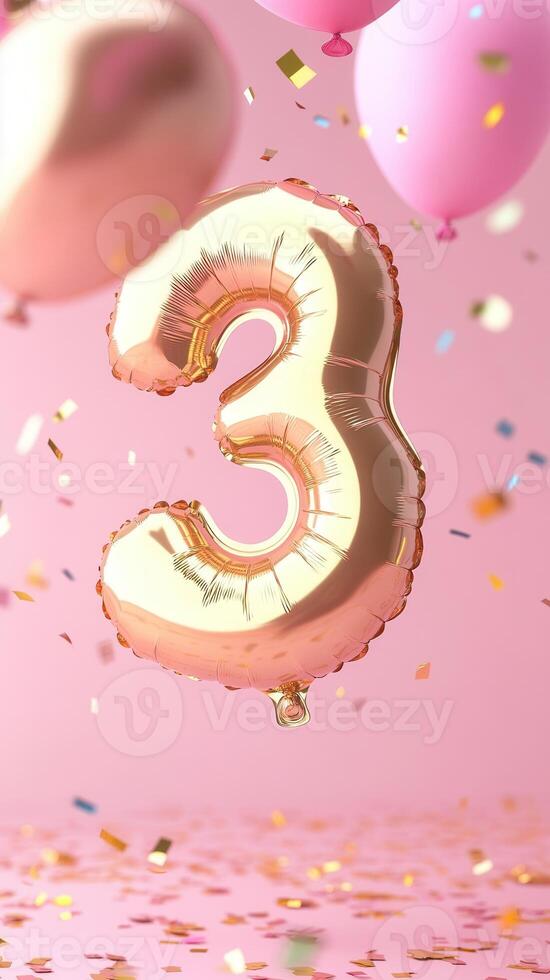 shiny confetti balloon shaped like the number three floats against a pink background. Colorful balloons and gold surround it, creating a festive atmosphere photo