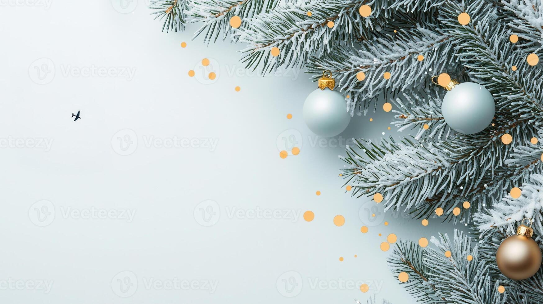 Christmas winter decoration with frosted pine cones and fir tree branches on light blue background with copy space photo