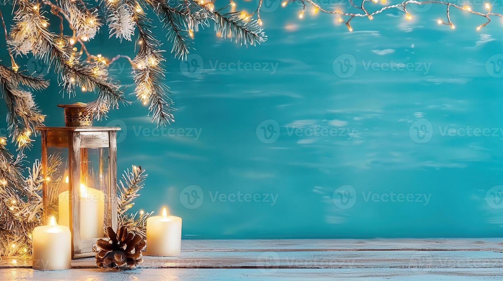 Glowing lantern nestled among cozy pine branches, pine cones, and twinkling lights, radiating snowy christmas warmth and enchantment photo
