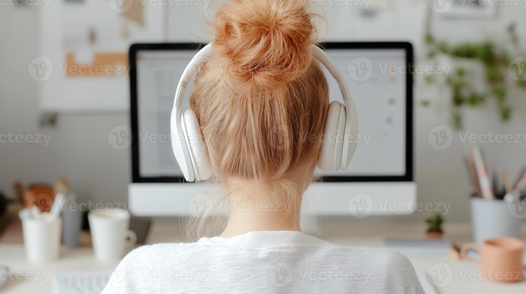 Young girl with headphones studying at a computer, focusing environment her online coursework in a modern home on photo