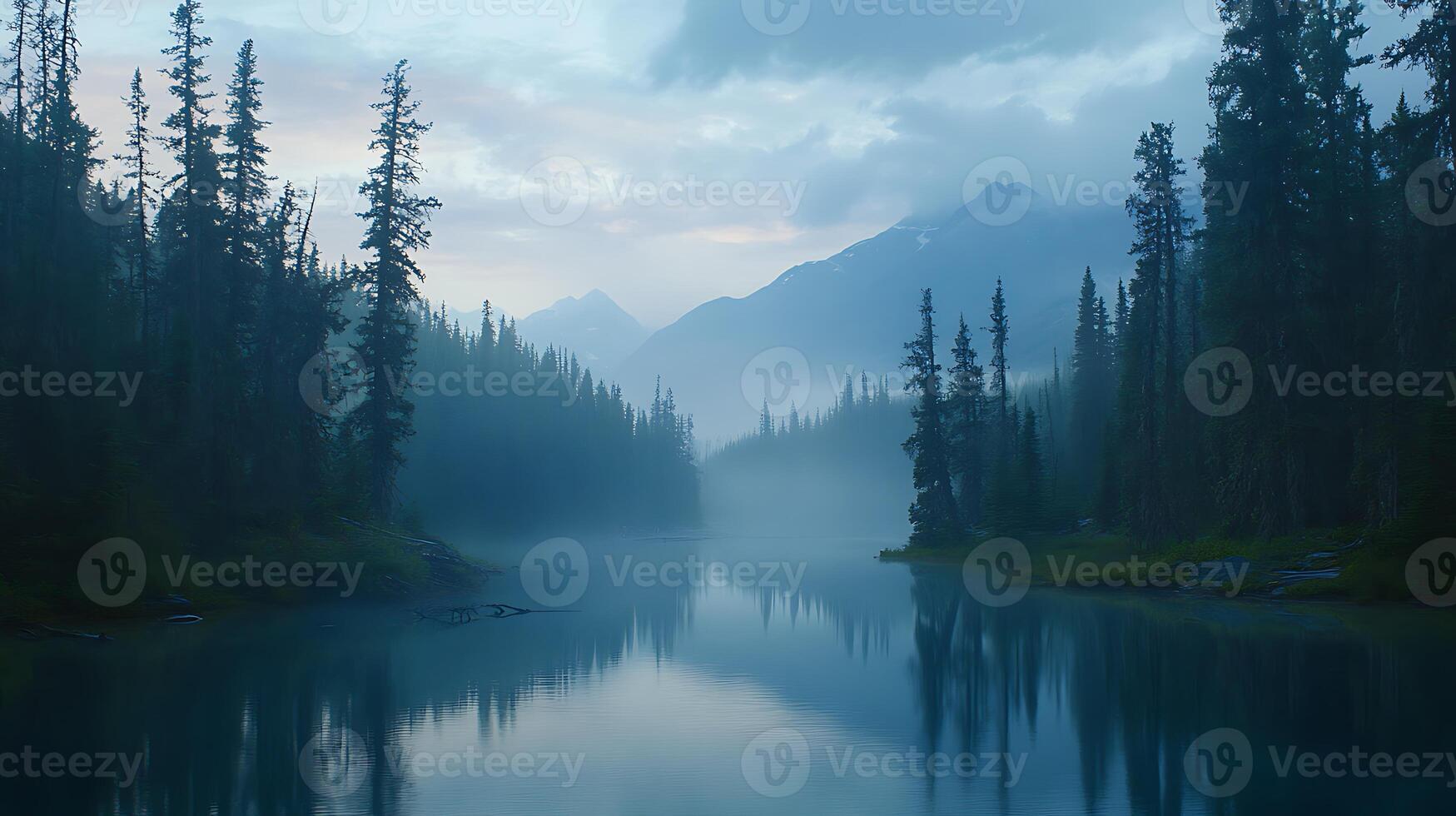 Snow-Dusted Pines Around a Frozen Lake photo
