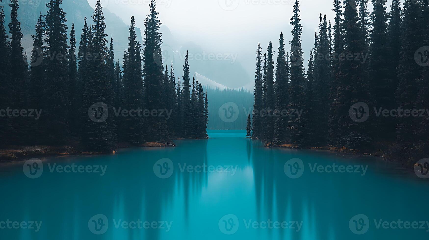 A Calm Alpine Lake Surrounded by Towering Pine Trees photo