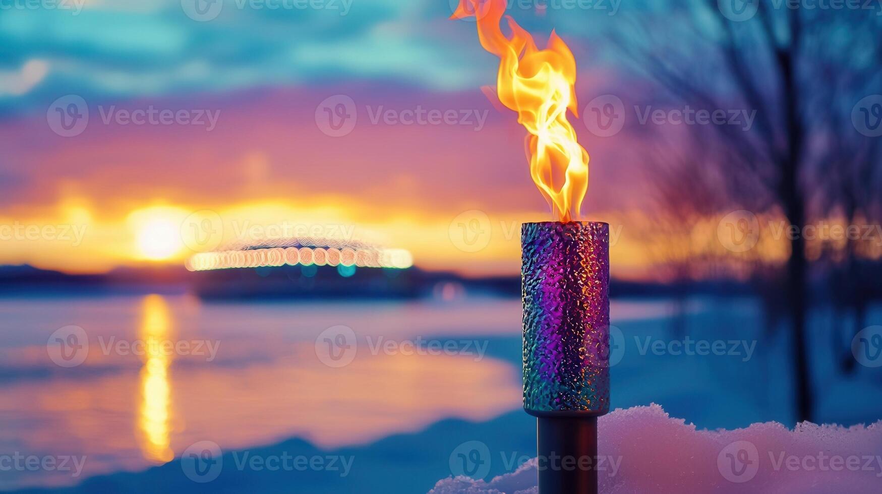 snowy torch blazing, casting warm glow against vibrant sunset sky, Olympic mountain peaks creating dramatic silhouetted background photo