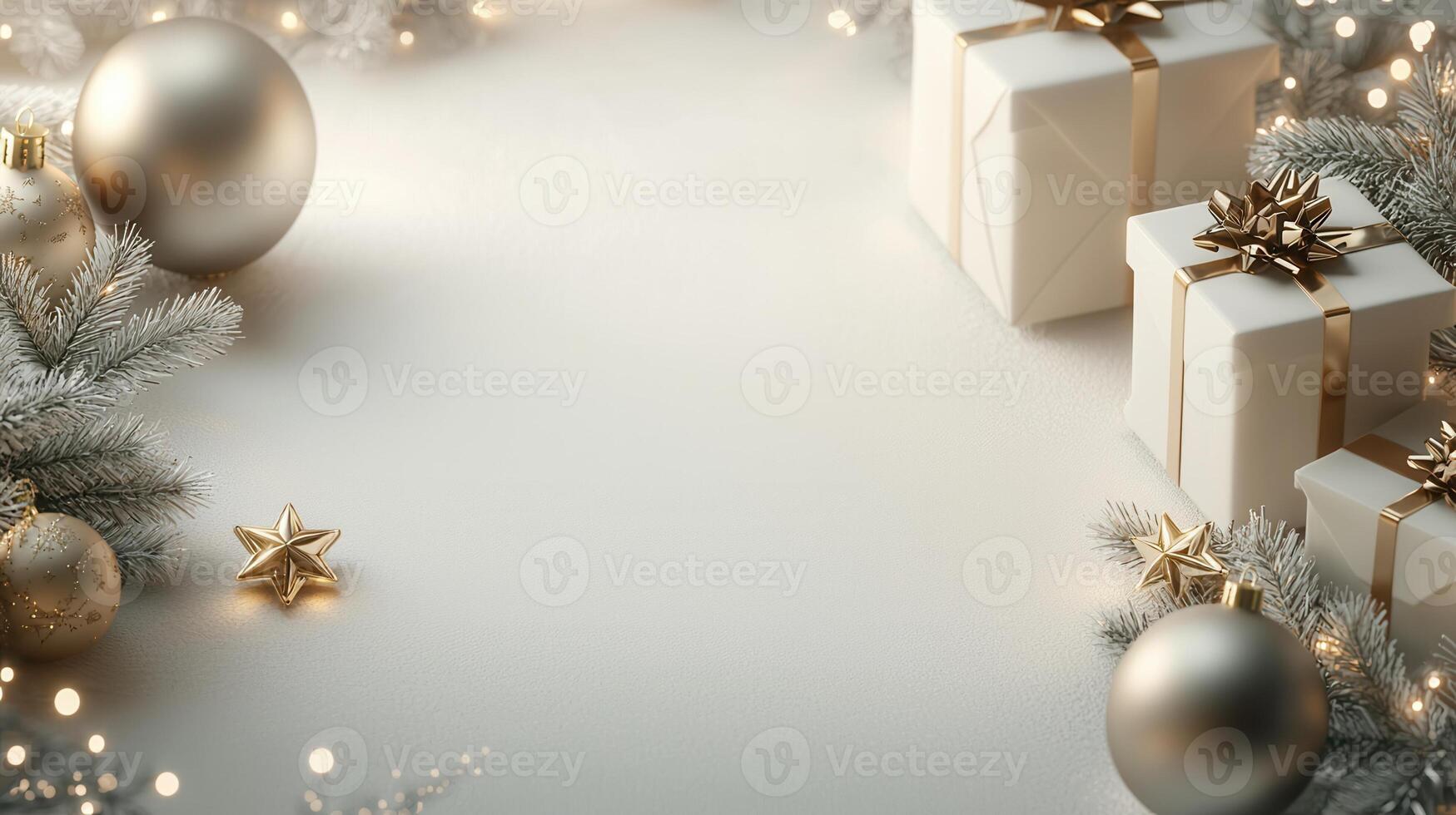 Festive holiday frame against wrapped presents, metallic ornaments, scattered snowflakes featuring pristine white backdrop with ample room for seasonal messaging photo
