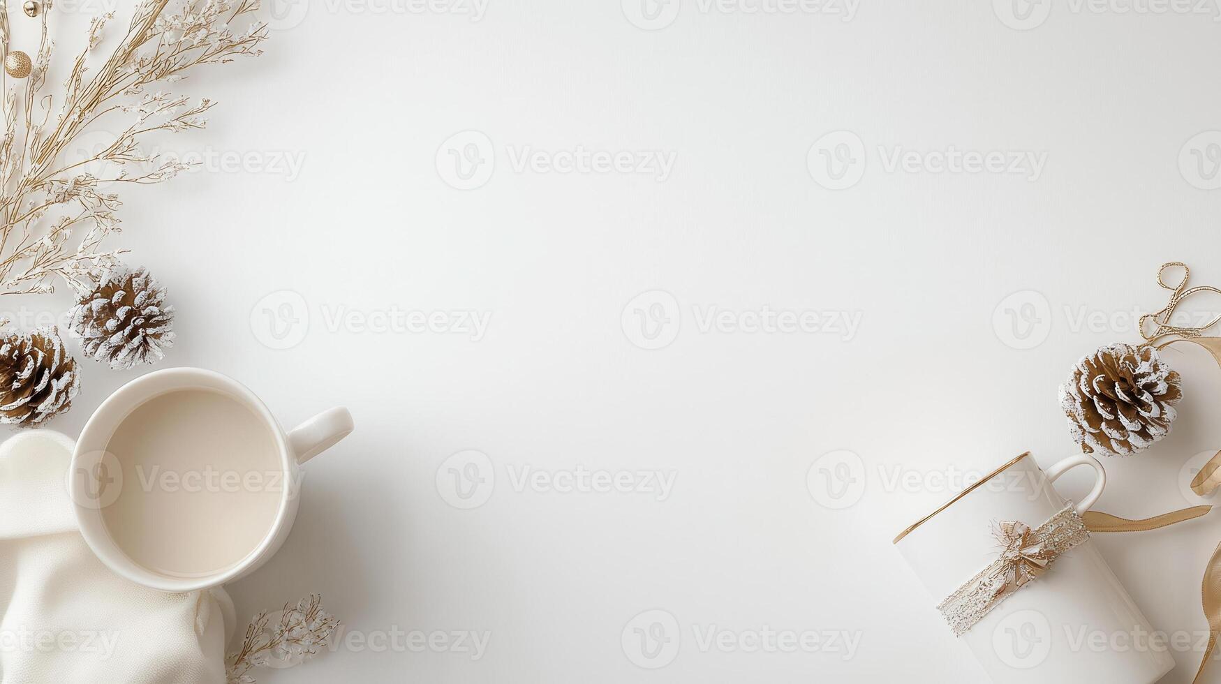 Creating a festive atmosphere with christmas ornaments and dried flowers set against a white background, evoking warmth and joy photo