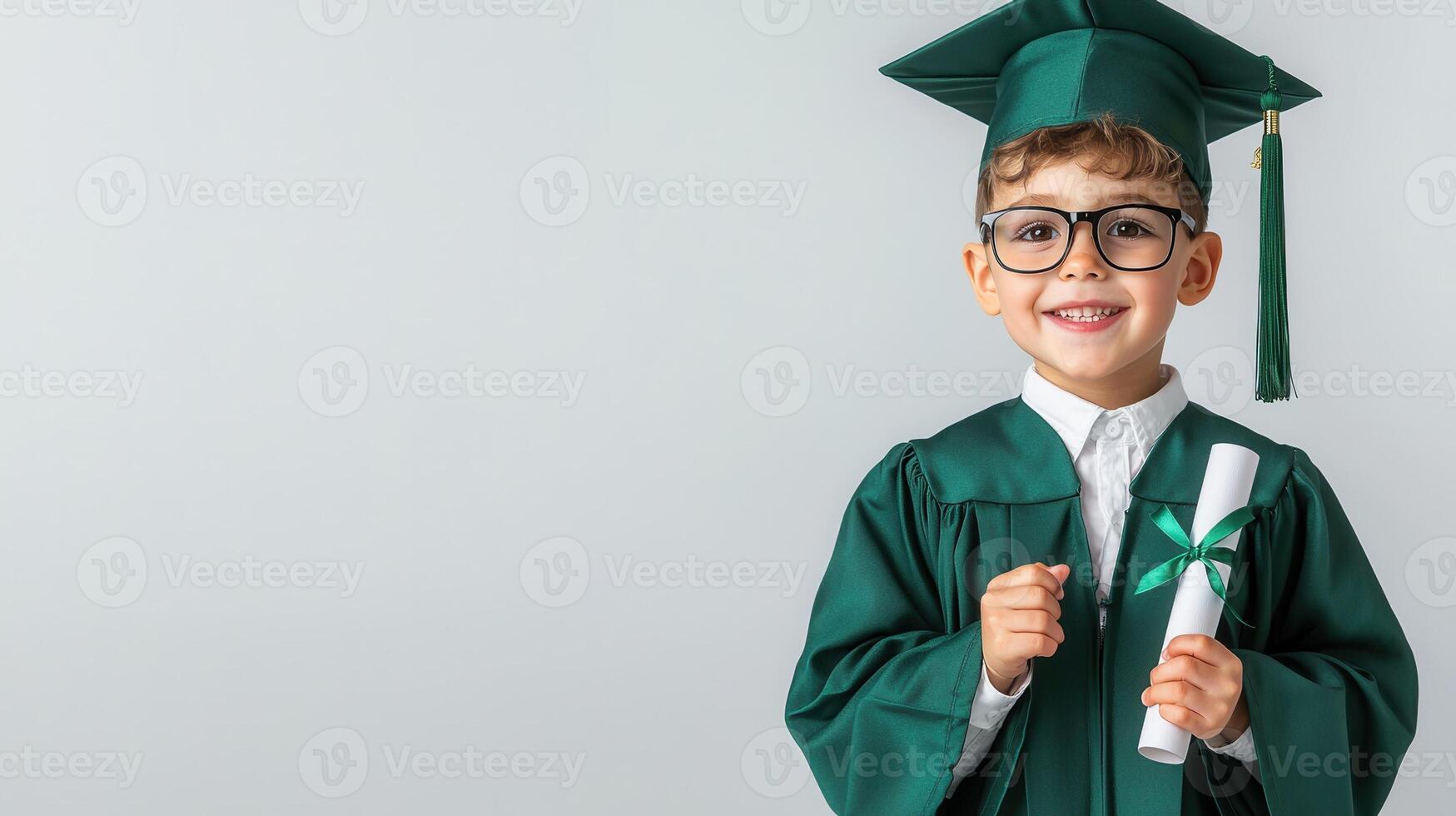 Young boy wearing a green graduation cap and hand He holds a diploma in his gown. and smiles at the camera. The background is plain and neutral. photo