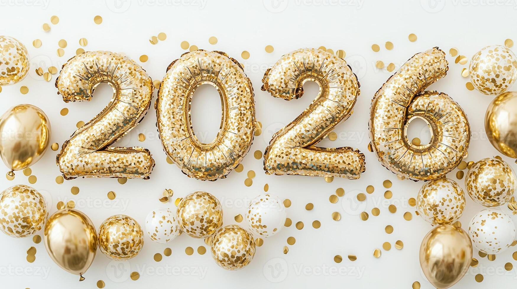 Shimmering golden festive balloons spelling 2026 amid falling confetti, marking christmas new year celebration photo