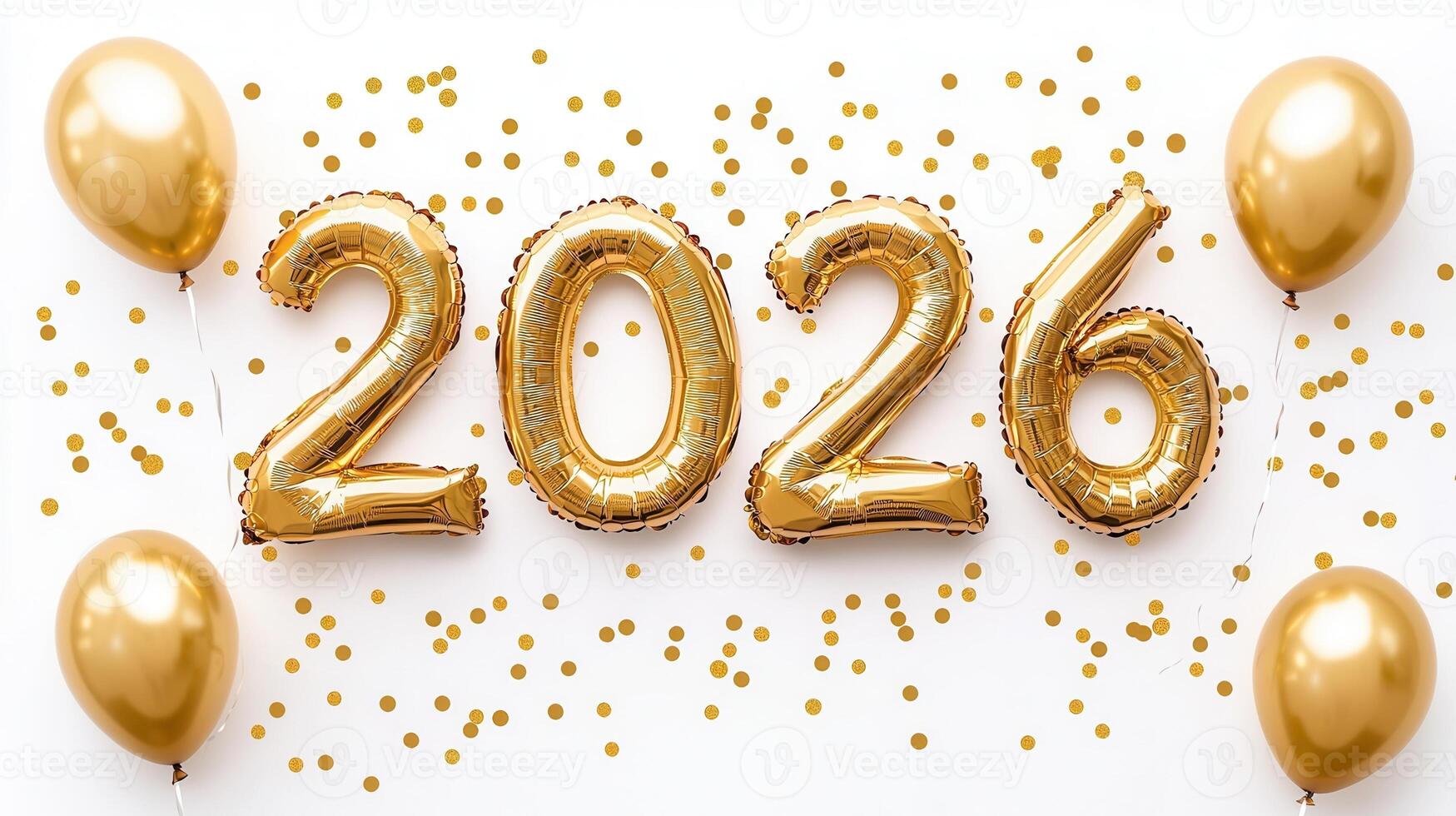 Shimmering golden christmas balloons spelling 2026 amid falling new marking festive confetti, year celebration photo