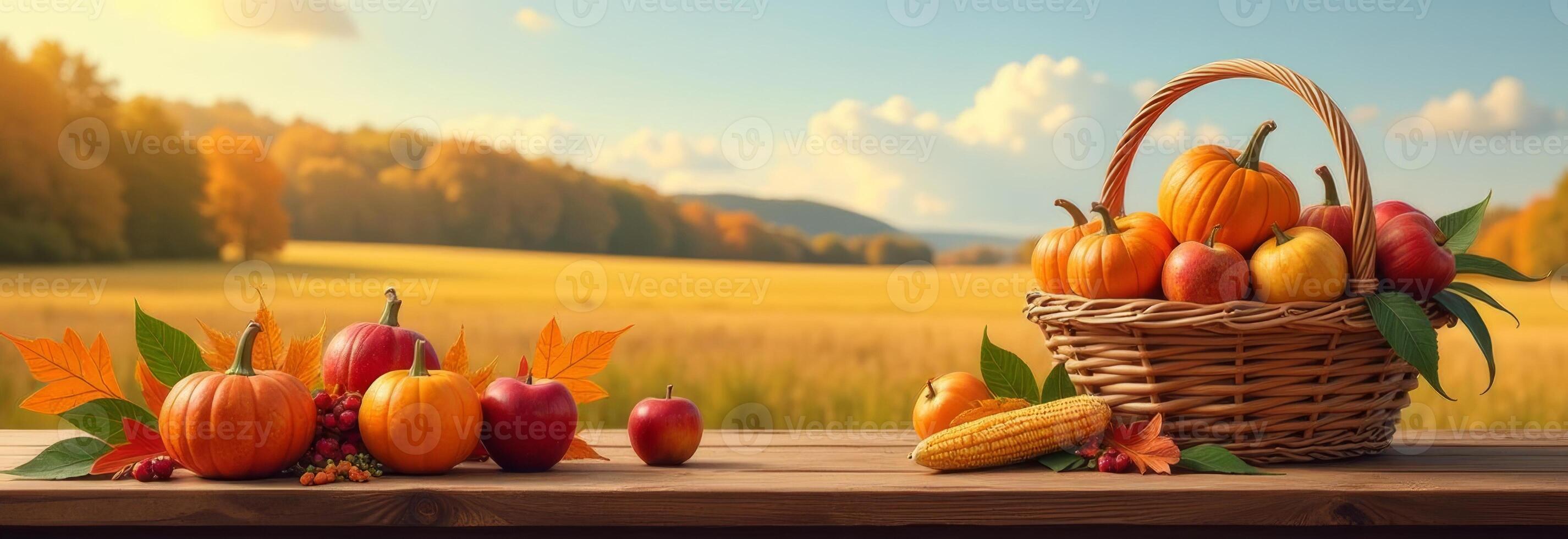 Autumn harvest with pumpkins and apples displayed on a wooden table in a scenic countryside setting on a sunny day photo