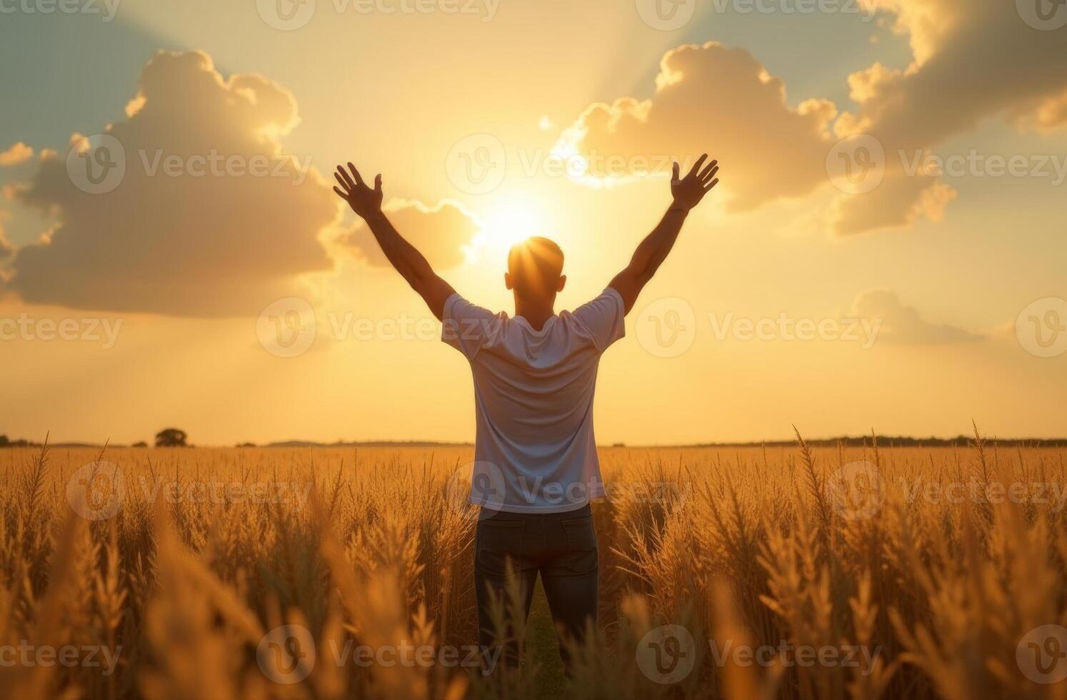 A person stands joyfully in a golden wheat field during sunset, embracing nature's beauty and tranquility with arms outstretched photo
