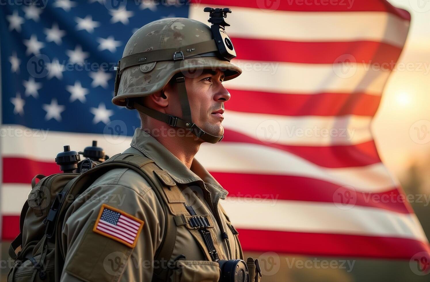 Soldier standing proudly in front of an American flag during sunset, showcasing dedication and patriotism in a solemn moment photo