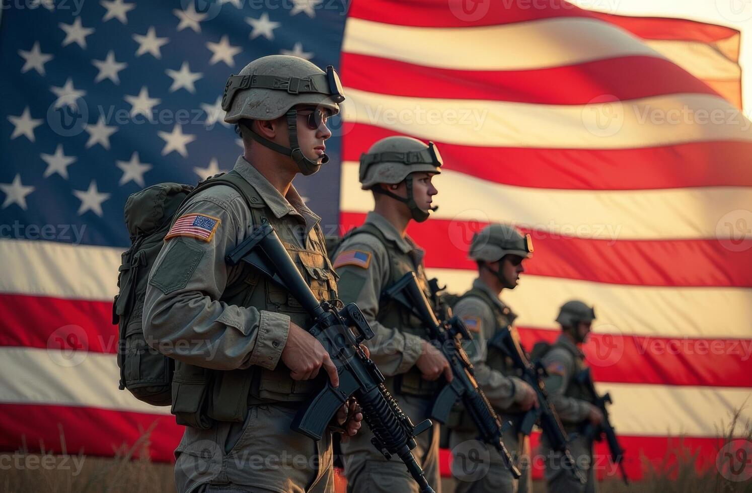 U.S. soldiers standing in formation with American flag in the background during sunset at a military training site photo