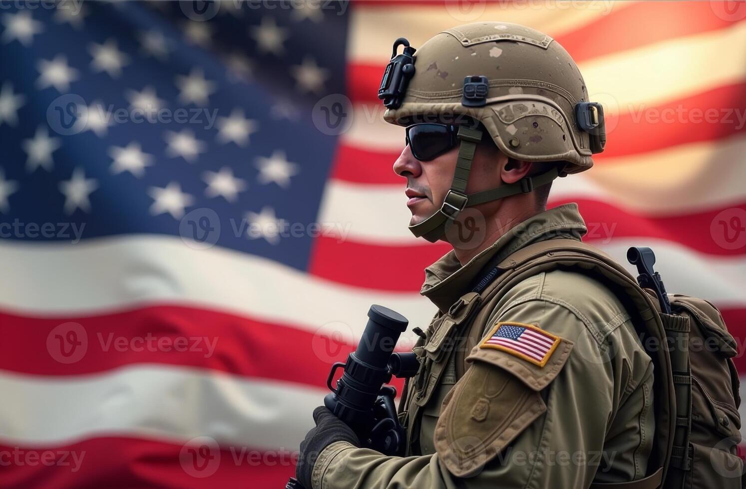 American soldier stands in front of waving flag, showcasing pride and duty during a military ceremony at sunset photo