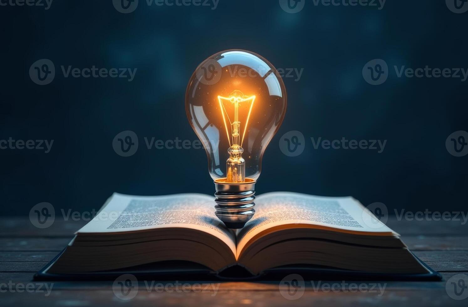 A glowing light bulb emerges from an open book, symbolizing creativity and inspiration in a dark setting photo