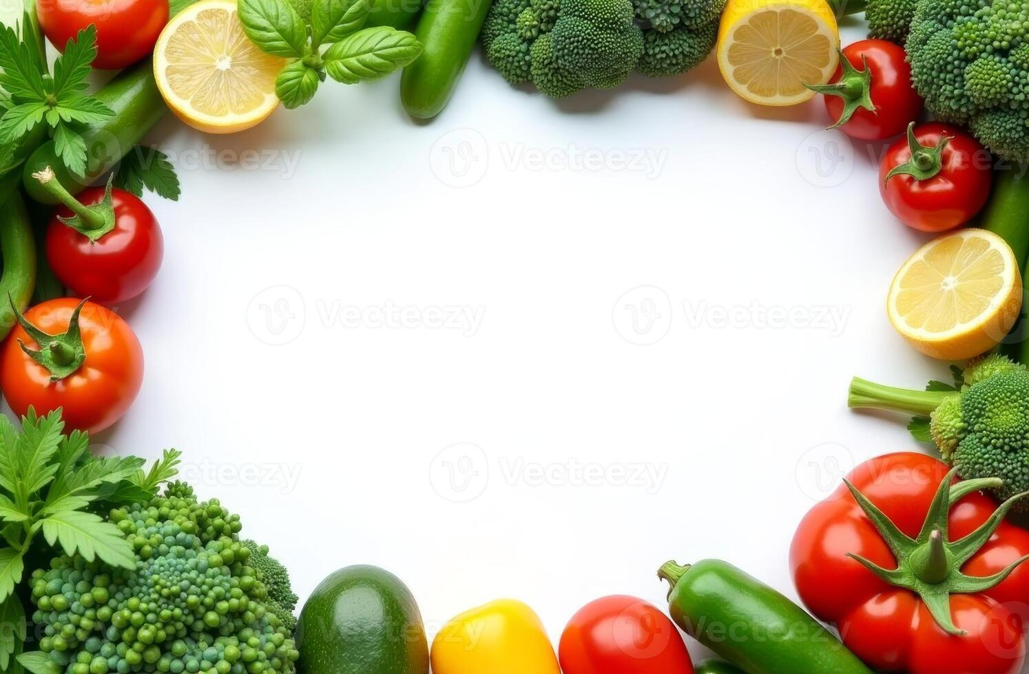 Fresh vegetables and fruits arranged in a colorful circular pattern on a white background, perfect for healthy cooking inspiration photo