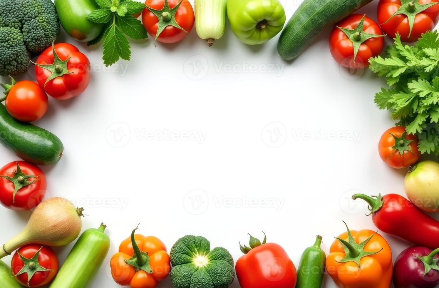 Fresh assorted vegetables arranged in a colorful circular pattern on a light background, perfect for culinary inspiration or healthy eating photo