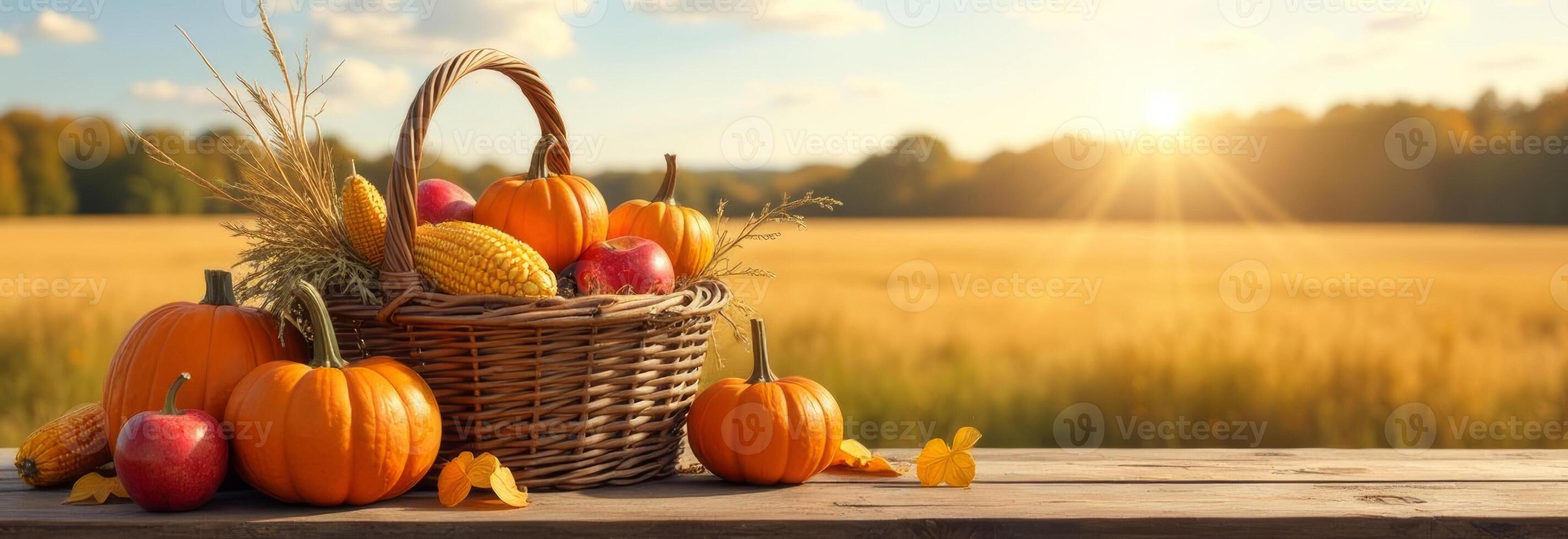 Autumn harvest scene featuring a basket filled with pumpkins, apples, and corn set against a golden sunset in the countryside photo