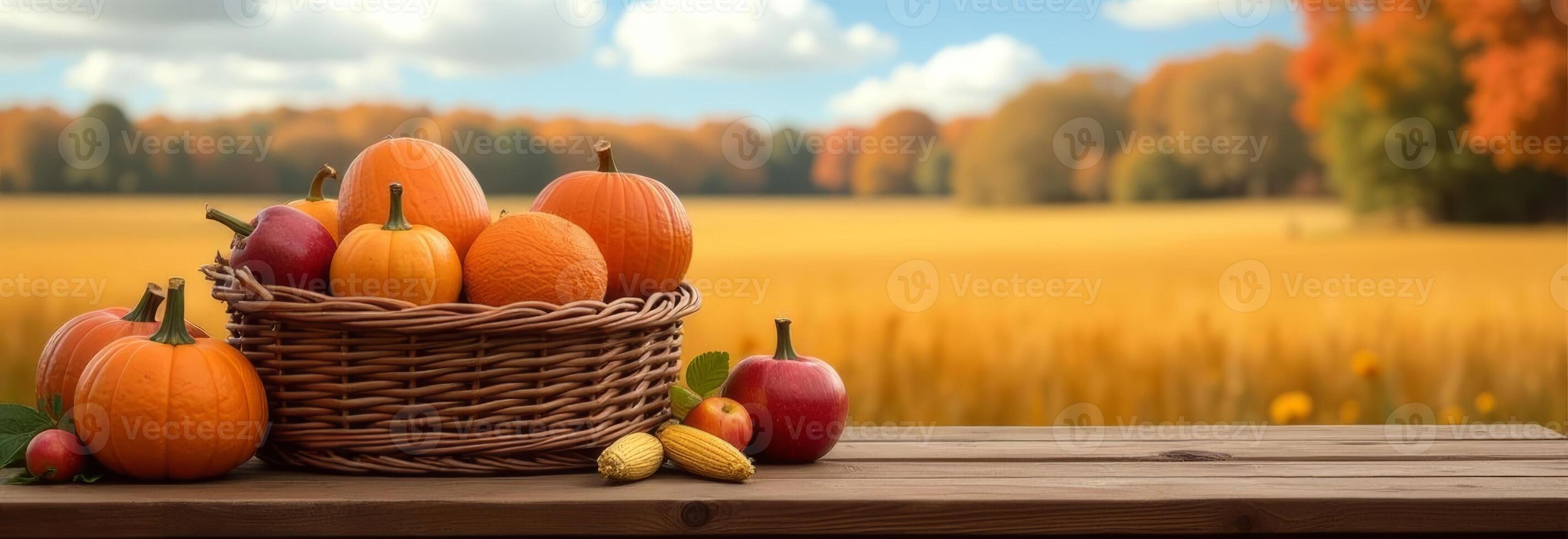 A rustic basket filled with colorful pumpkins and apples set against a vibrant autumn landscape in golden sunlight photo