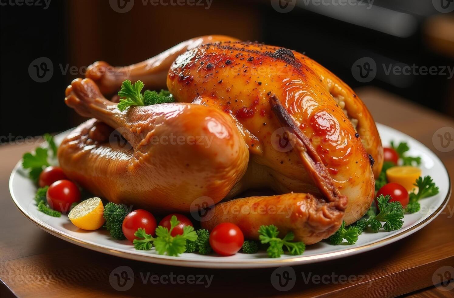 Golden roasted turkey garnished with fresh herbs and vibrant cherry tomatoes on a platter in a warm indoor setting photo