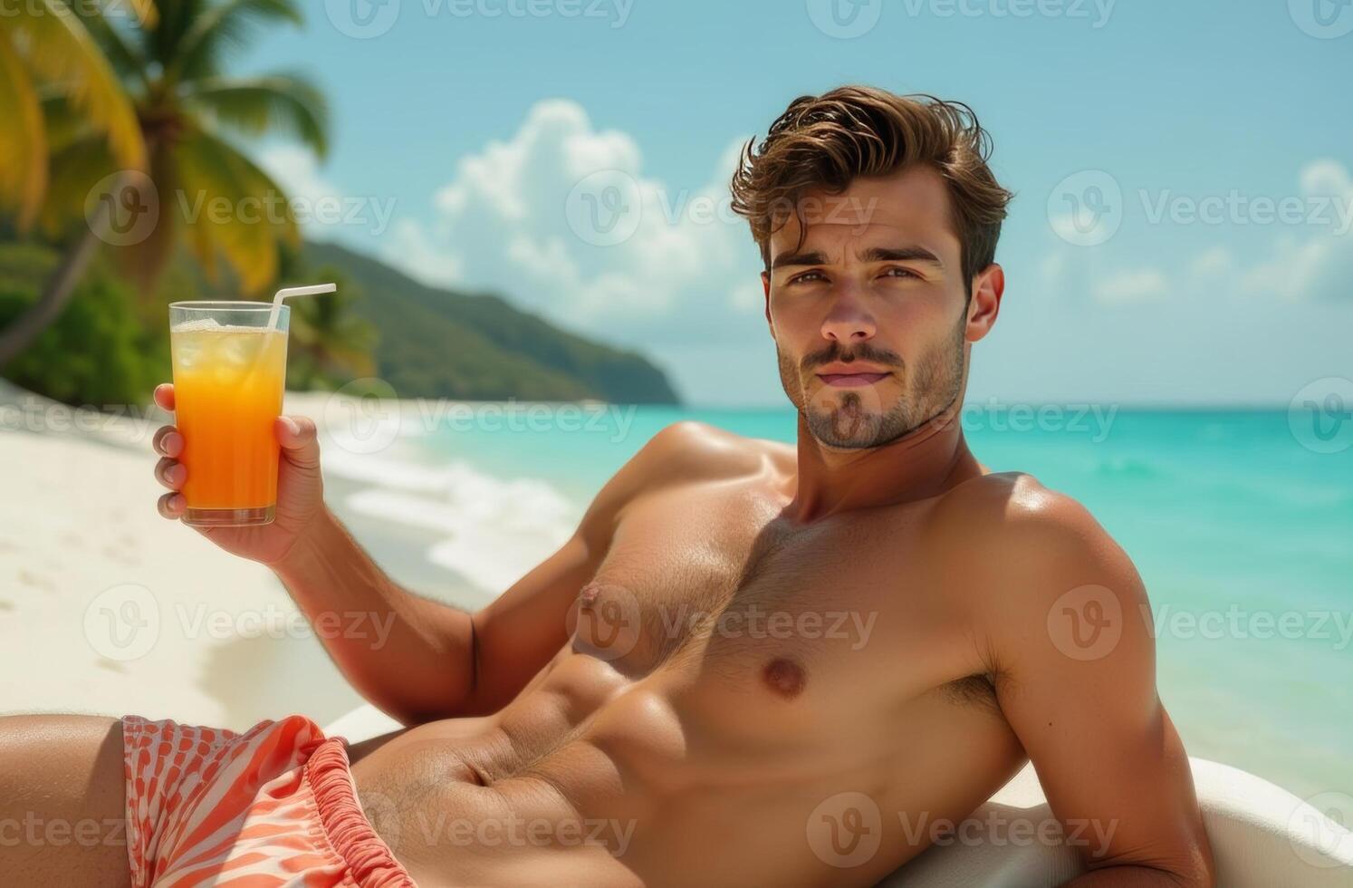 A young man enjoying a tropical beach day with a refreshing drink in hand while relaxing by the shoreline under a clear sky photo
