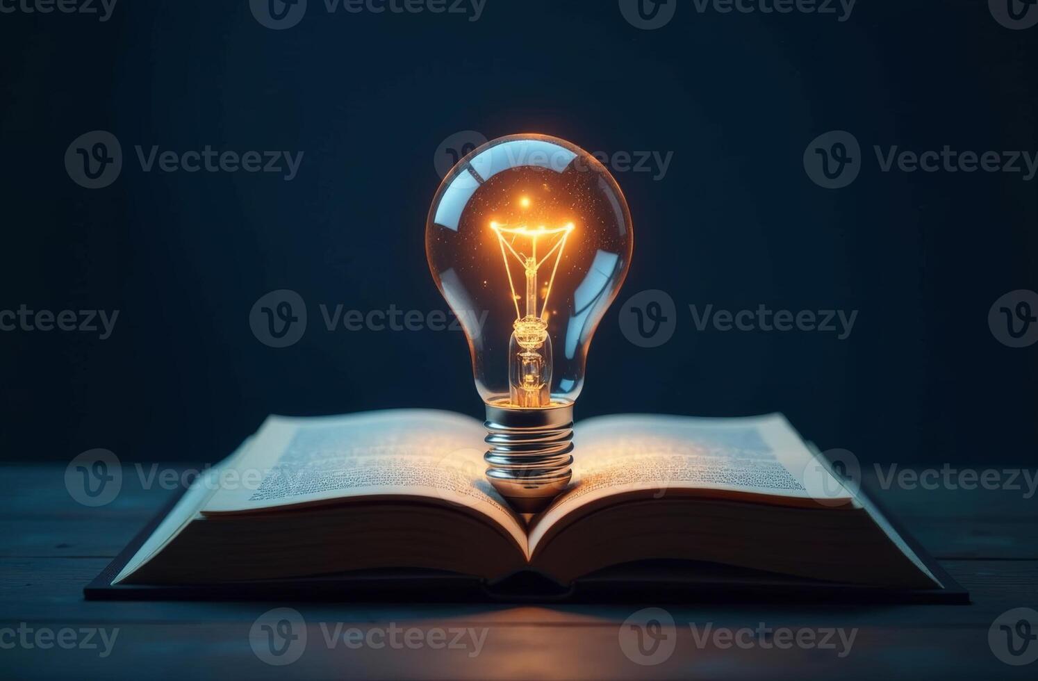 An illuminated light bulb rests atop an open book on a dark background symbolizing the fusion of knowledge and innovation photo