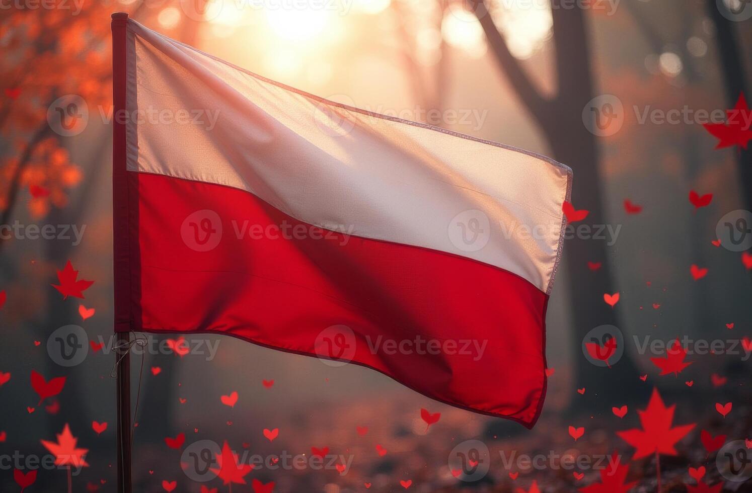 Polish flag waving in a serene autumn forest during sunset, surrounded by colorful fallen leaves photo