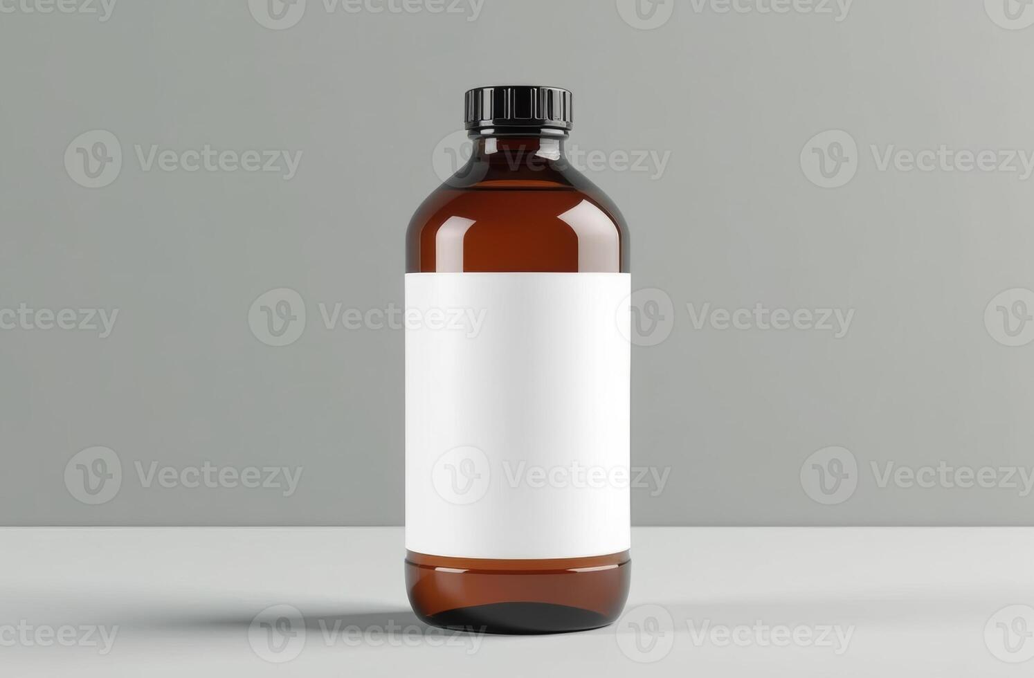 Brown glass bottle with blank label sits on a neutral background, ready for various storage uses in modern settings photo