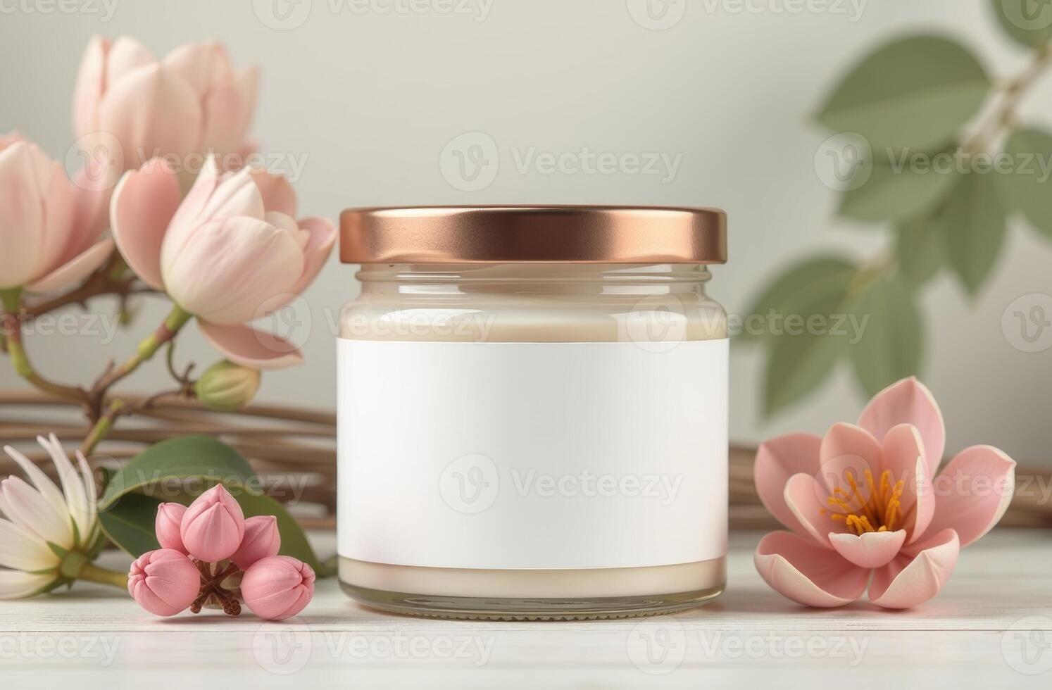 A decorative candle along with soft pink flowers and green leaves arranged on a light wooden surface, creating a calming atmosphere indoors photo