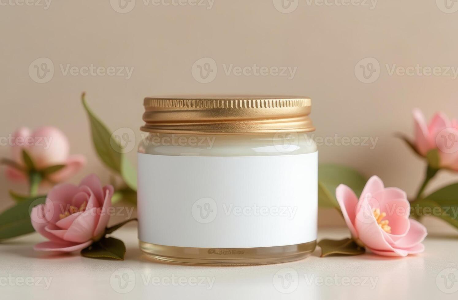 Simple and elegant jar of cream surrounded by delicate pink flowers on a soft beige background in a light-filled space photo