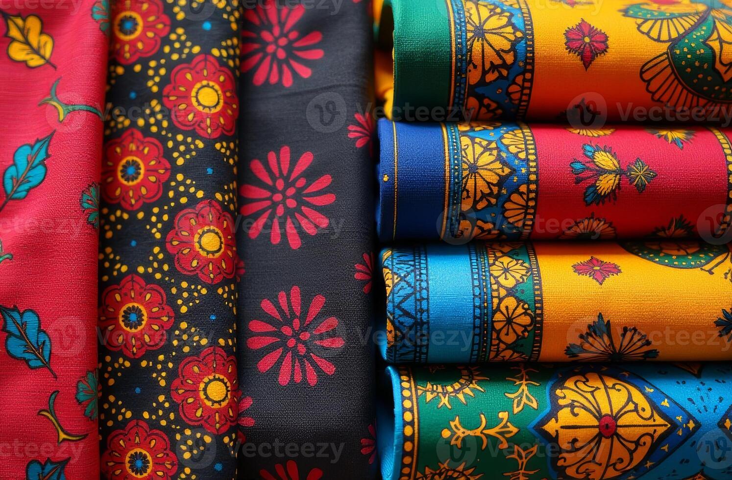 Vibrant traditional fabrics showcasing intricate patterns in a colorful display at a local market on a sunny day photo