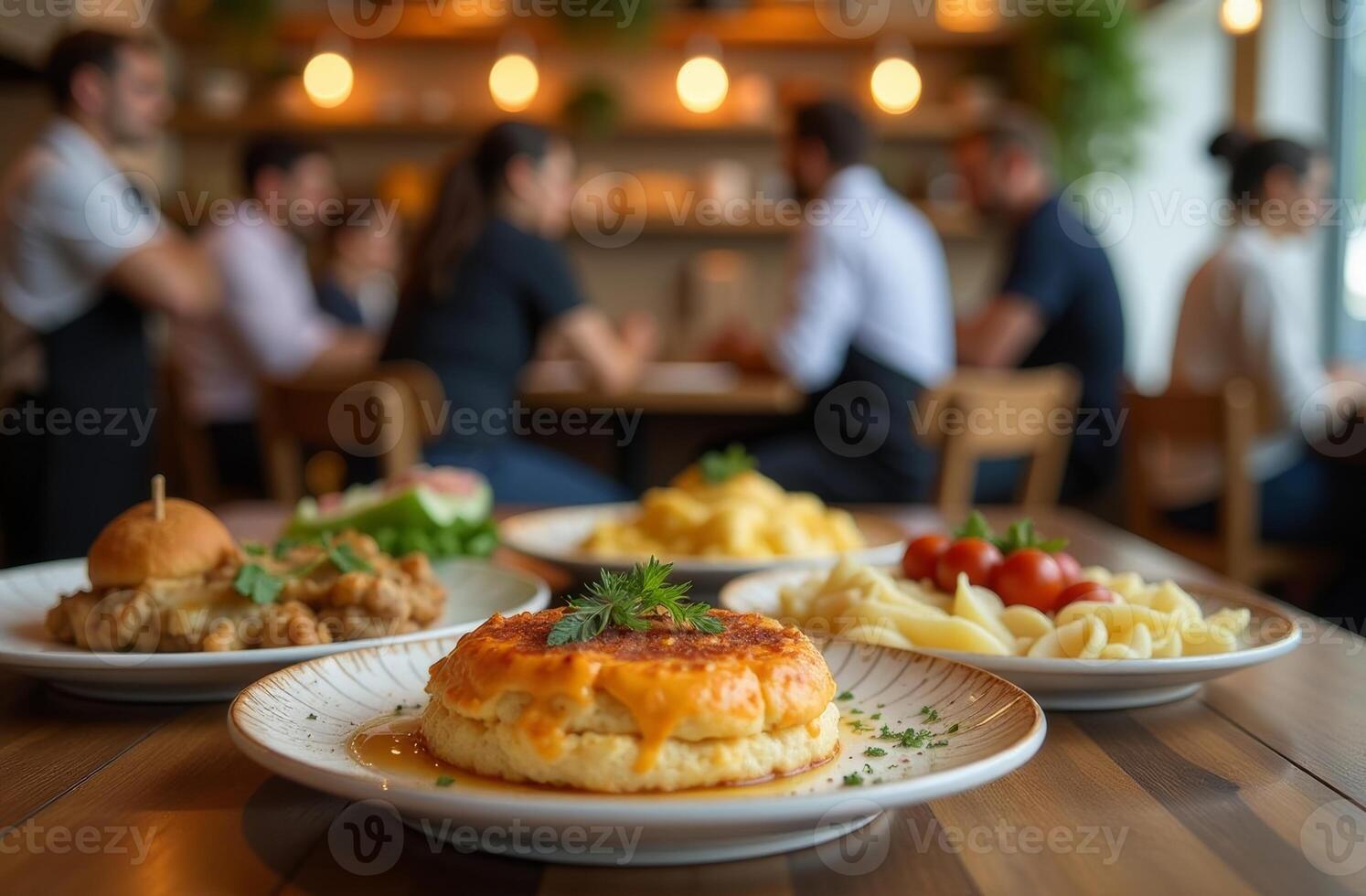 Delicious dishes served at a bustling restaurant table with patrons enjoying their meals in a warm and inviting atmosphere photo