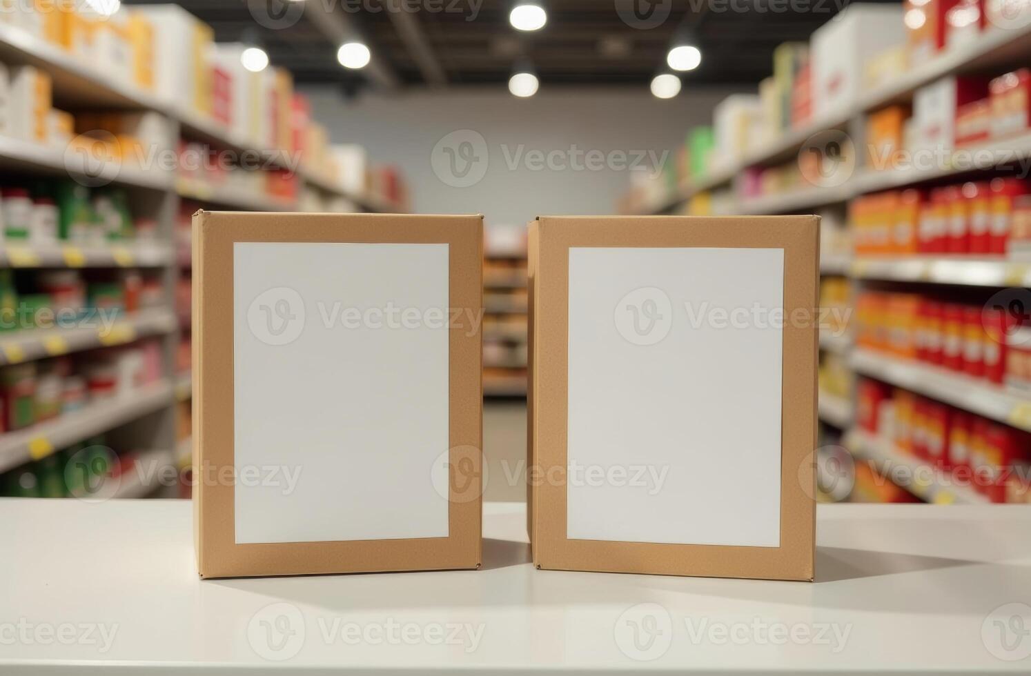 Two blank product boxes placed on a store shelf with colorful items in the background during daytime shopping photo