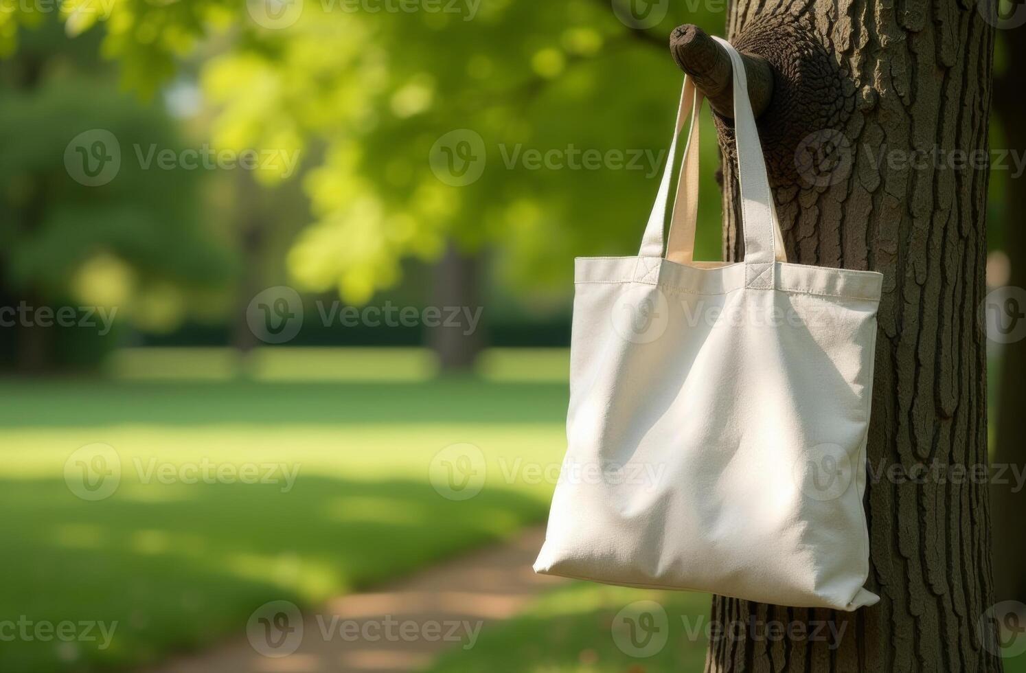 A simple white tote bag hanging from a tree branch in a sunny park during the afternoon photo