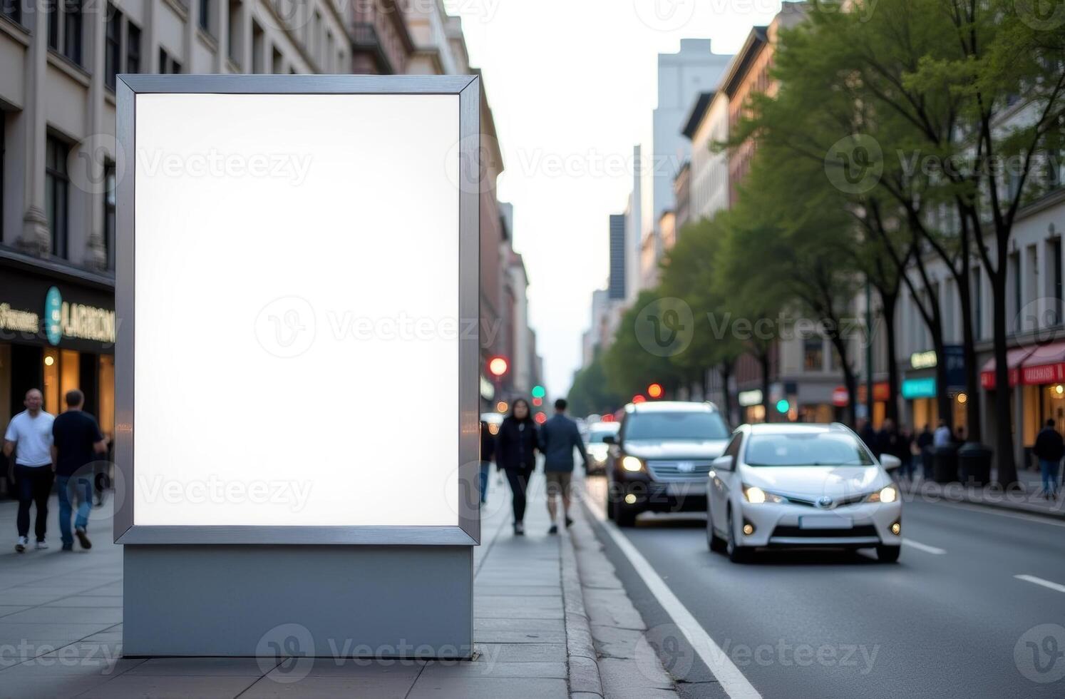 Blank advertising display on busy city street in the evening with pedestrians and cars passing by photo