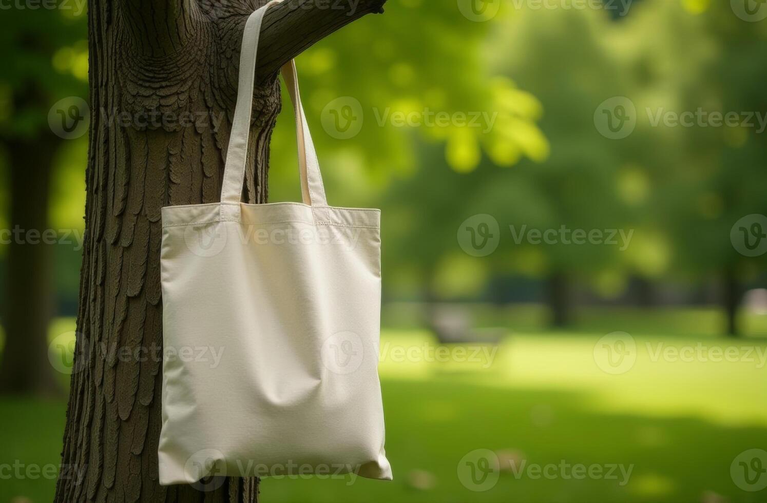 A simple tote bag hanging on a tree branch in a sunlit park during a bright afternoon photo