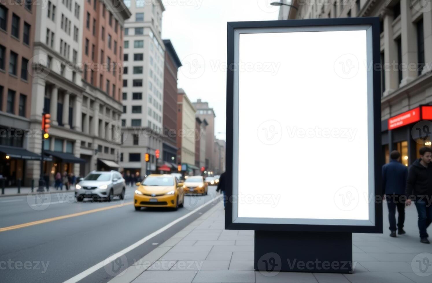 Empty advertising billboard on a busy city street with taxis and pedestrians in the background during overcast weather photo