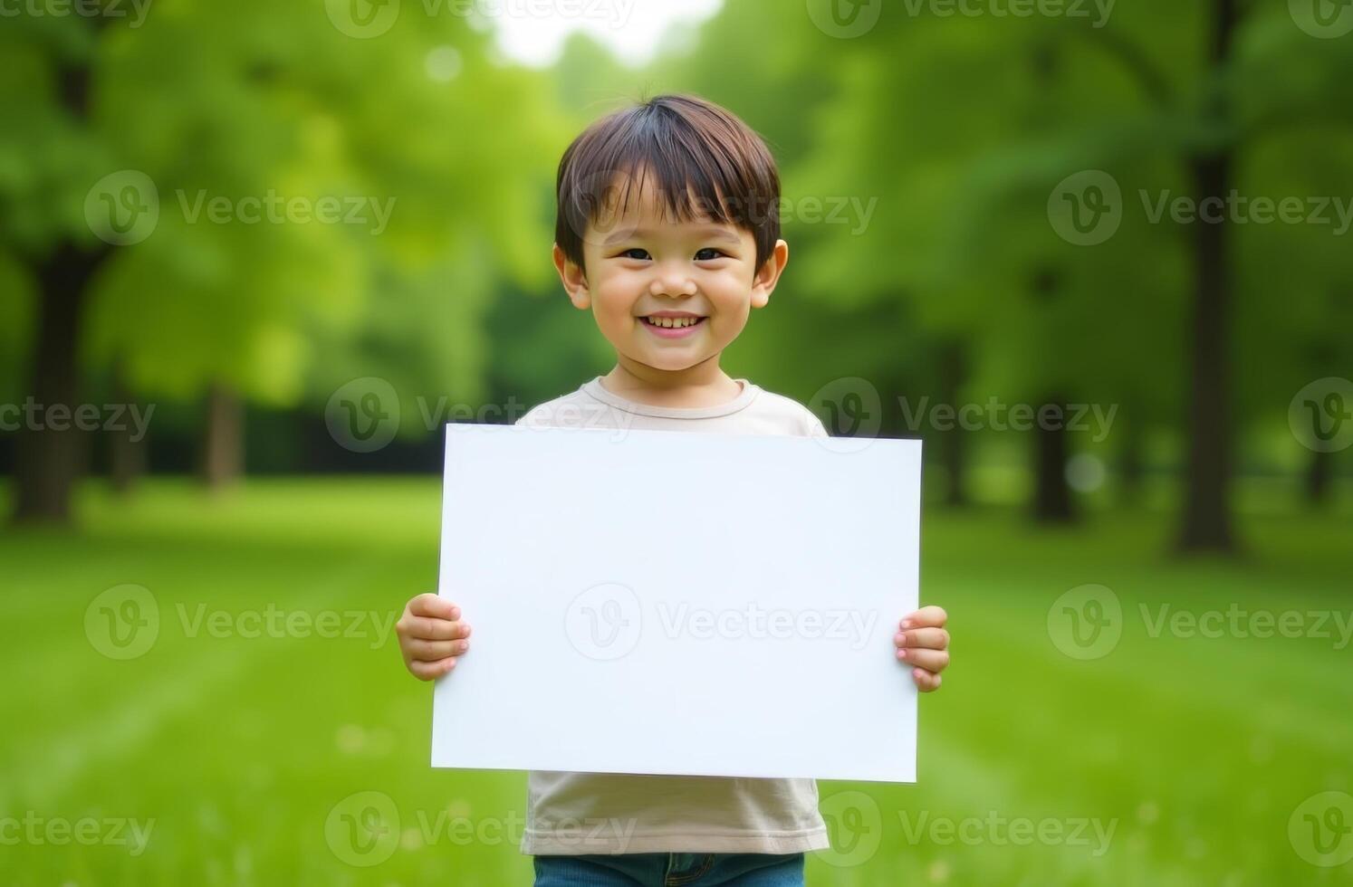 Young child smiles brightly while holding a blank sign in a lush green park on a sunny day photo