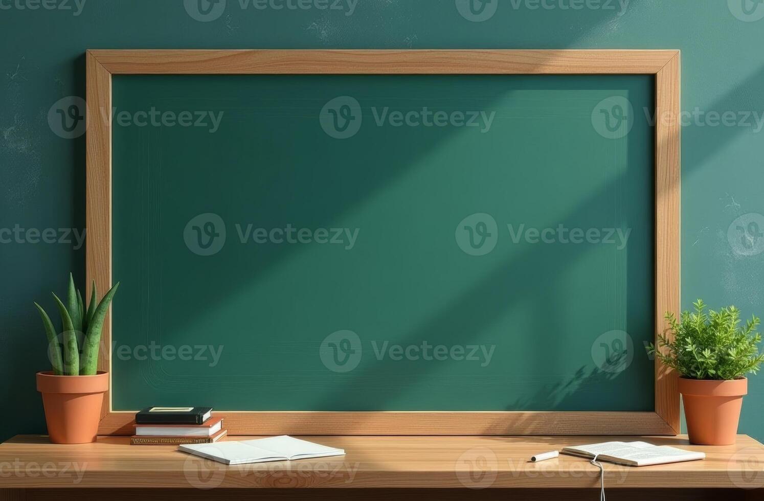 A well-lit workspace features a green chalkboard, wooden desk, potted plants, and stationery items during the afternoon photo