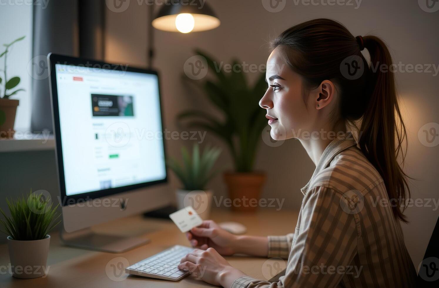 Woman engaged in online shopping at home while holding a credit card in a cozy workspace with plants in the evening light photo