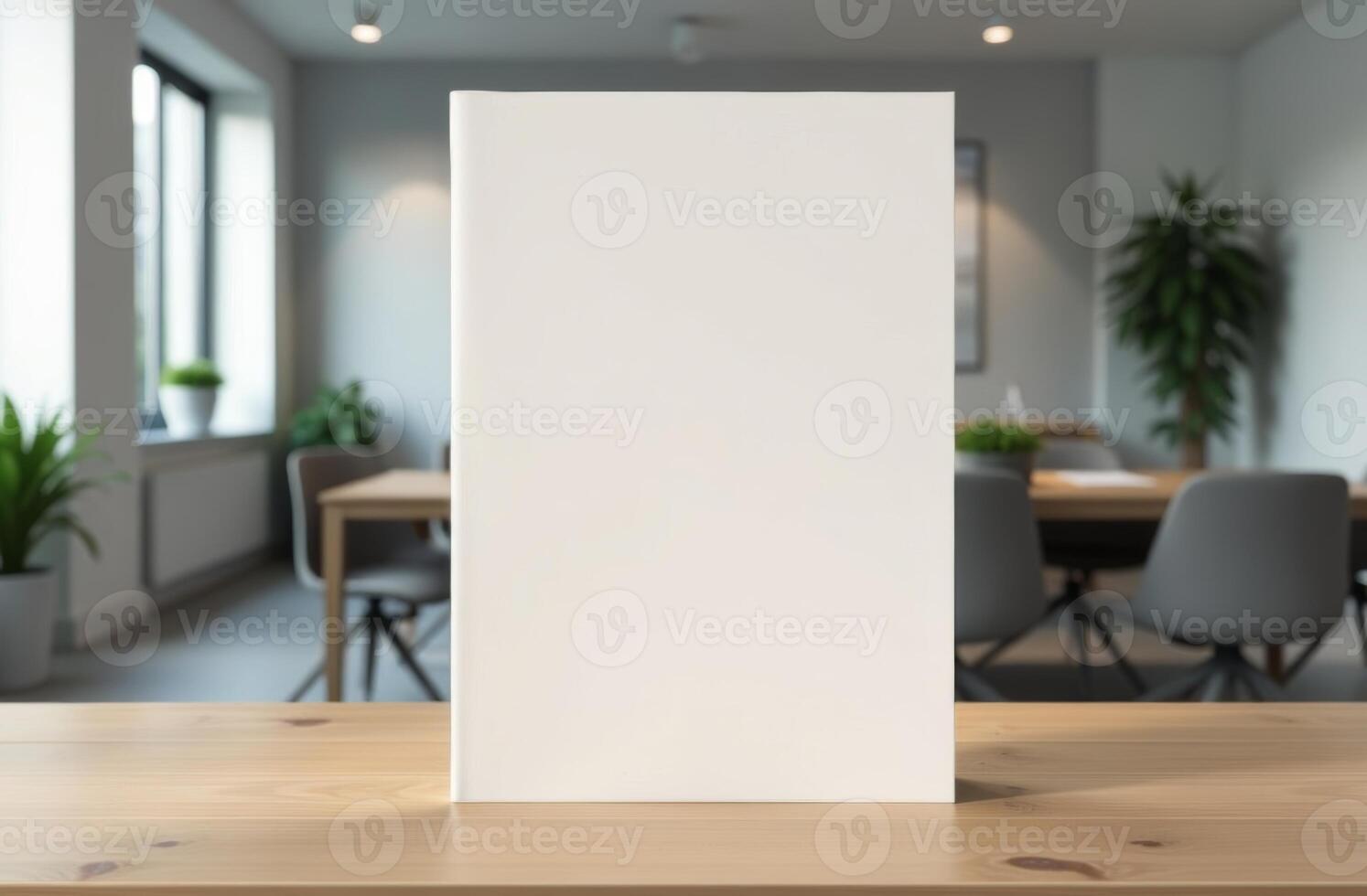 A blank book sits on a wooden table in a modern office with plants and a collaborative workspace in the background photo